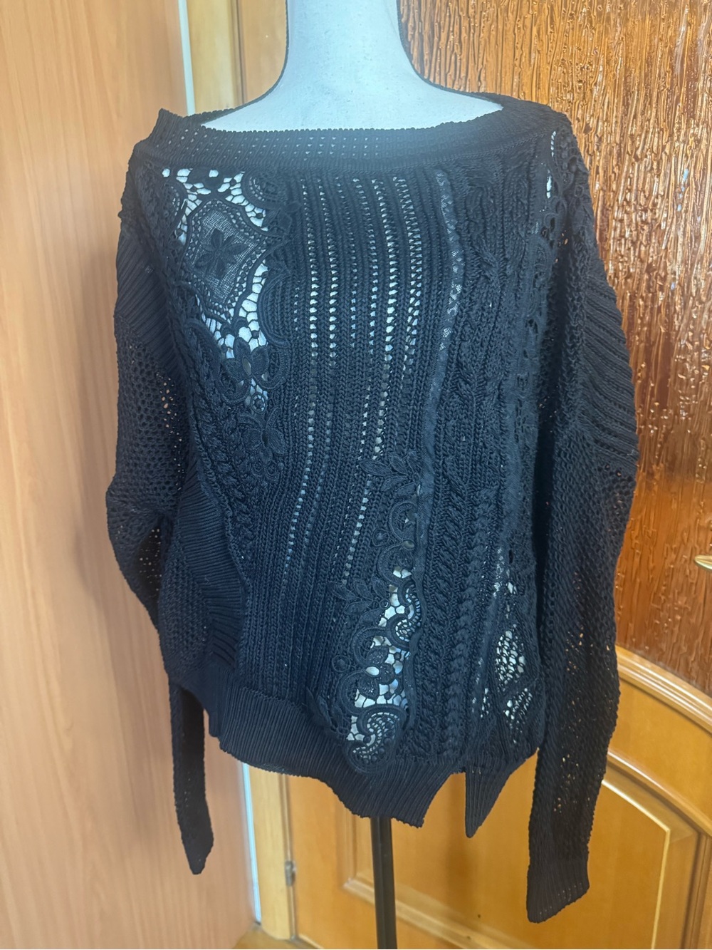 Ermanno Scervino Black Off-the-Shoulder Lace-Trim Knit Sweater
